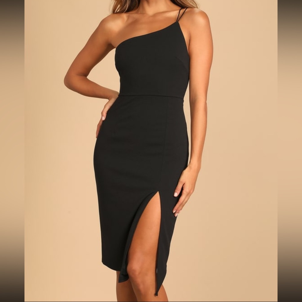 Lulus Happiest Hour Black Asymmetrical Bodycon Midi Dress